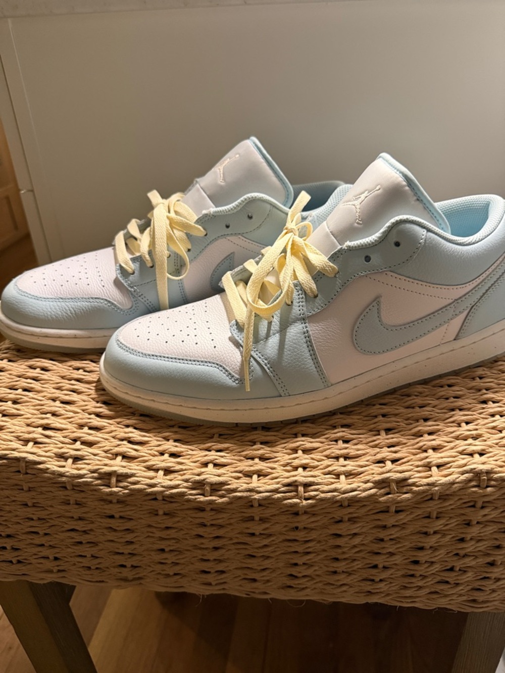Nike Air Jordan 1 Low in White, Light Blue & Pale Yellow